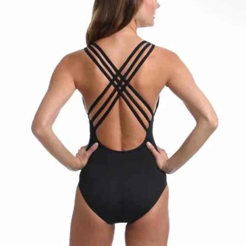 La Blanca Island Goddess Multi-Strap Cross-Back One-piece swimsuit BLACK Sz. 16‎